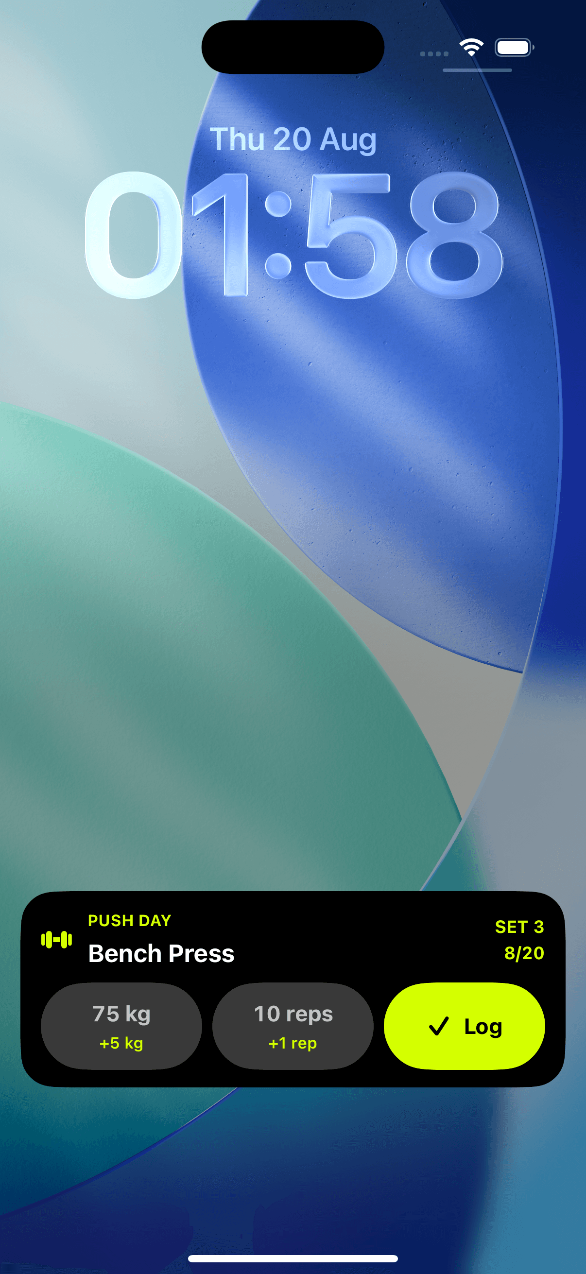 Coach iOS Dynamic Island expanded into weight and rep controls for a Bench Press set