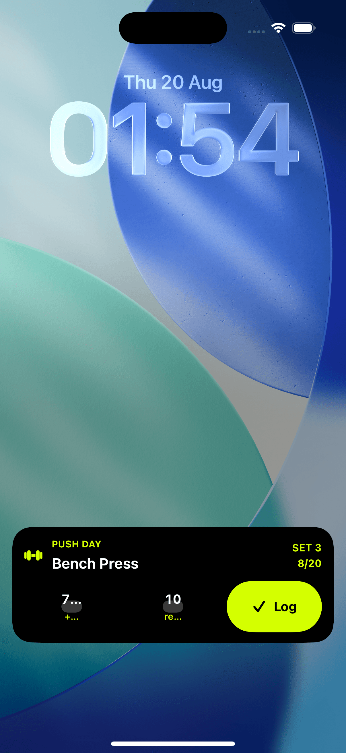 Coach iOS Lock Screen Live Activity showing a Bench Press set ready to log