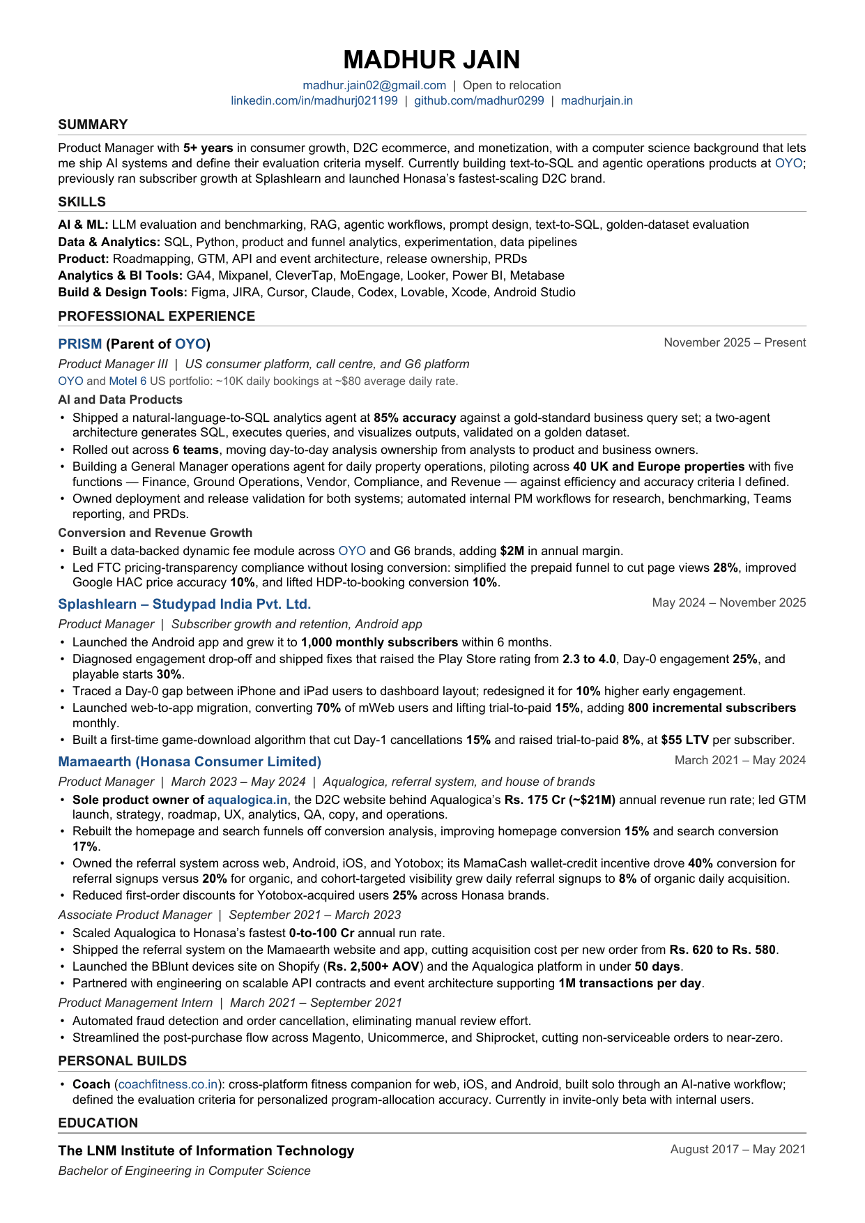 Preview of Madhur Jain's resume