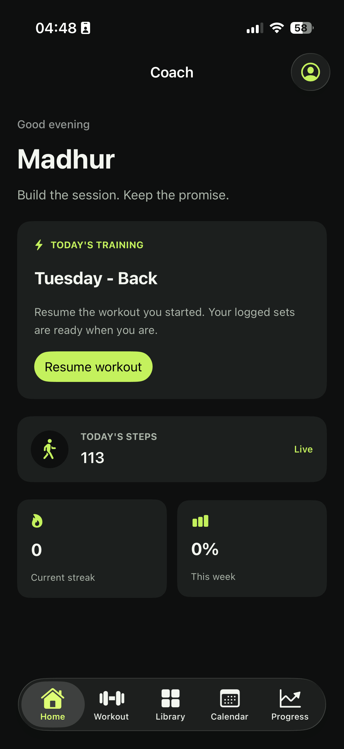 Coach iOS home dashboard showing a Tuesday Back workout, steps, streak, weekly progress, and five primary navigation areas