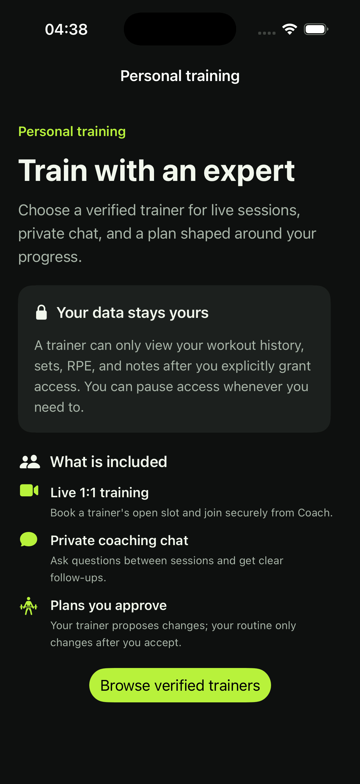 Coach iOS app showing the personal training experience with live sessions, private chat, and approved plans
