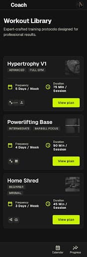 Coach mobile workout library screen