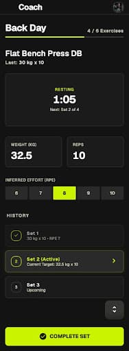 Coach mobile active workout logger showing sets, reps, rest timer, and RPE